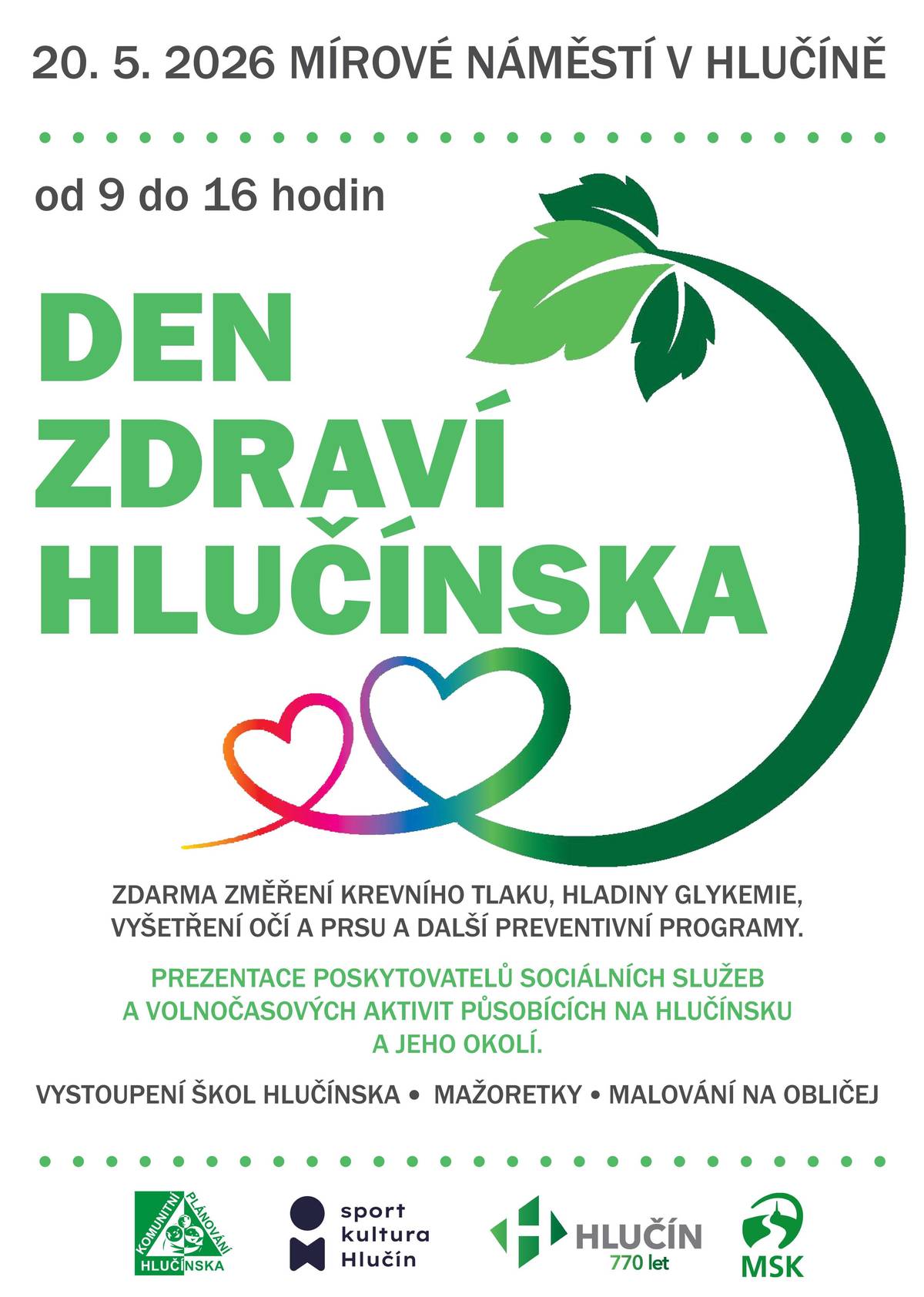 Prevence, odborné poradenství, ale také bohatý kulturní program. Ve středu 20. května 2026 se Mírové náměstí v Hlučíně promění v centrum zdravého životního stylu. Od 9 do 16 hodin se uskuteční tradiční Den zdraví Hlučínska, který nabídne široké veřejnosti bezplatná vyšetření i vhled do světa sociálních služeb. Akce je určena všem generacím, od dětí z místních škol až po seniory. Hlavním cílem je přiblížit obyvatelům dostupnou péči a ukázat, jak důležitá je prevence v každodenním životě. Návštěvníci si budou moci nechat změřit krevní tlak, hladinu glykemie nebo absolvovat vyšetření očí a prsu.  Program je letos mimořádně pestrý. Zájemci mohou vyzkoušet chytrou váhu, která analyzuje poměr svalů, vody a tuků v těle, nebo se naučit základy první pomoci. Pro odvážnější jsou připraveny simulátory zrakových vad a třesu rukou, které zdravým lidem přiblíží každodenní realitu osob se zdravotním omezením. K vidění bude také ukázka kynologické záchranné práce. Kromě zdravotní sekce zaplní náměstí také kulturní vystoupení. Na pódiu se vystřídají žáci místních škol, klienti sociálních služeb a talentované mažoretky z MK Ballerisimo Hlučín. Pro nejmenší návštěvníky je připraveno malování na obličej a balonky plněné heliem. Na místě bude možné zakoupit výrobky z keramických dílen a podpořit tak chráněné dílny. O občerstvení se postarají poctivé domácí koláče, čerstvé pečivo a káva. Organizátoři upozorňují, že může dojít k drobným změnám v programu v závislosti na aktuálních podmínkách. Vstup zdarma. #hlucin #mestohlucin #denzdravi #prevence #osveta #socialnisluzby