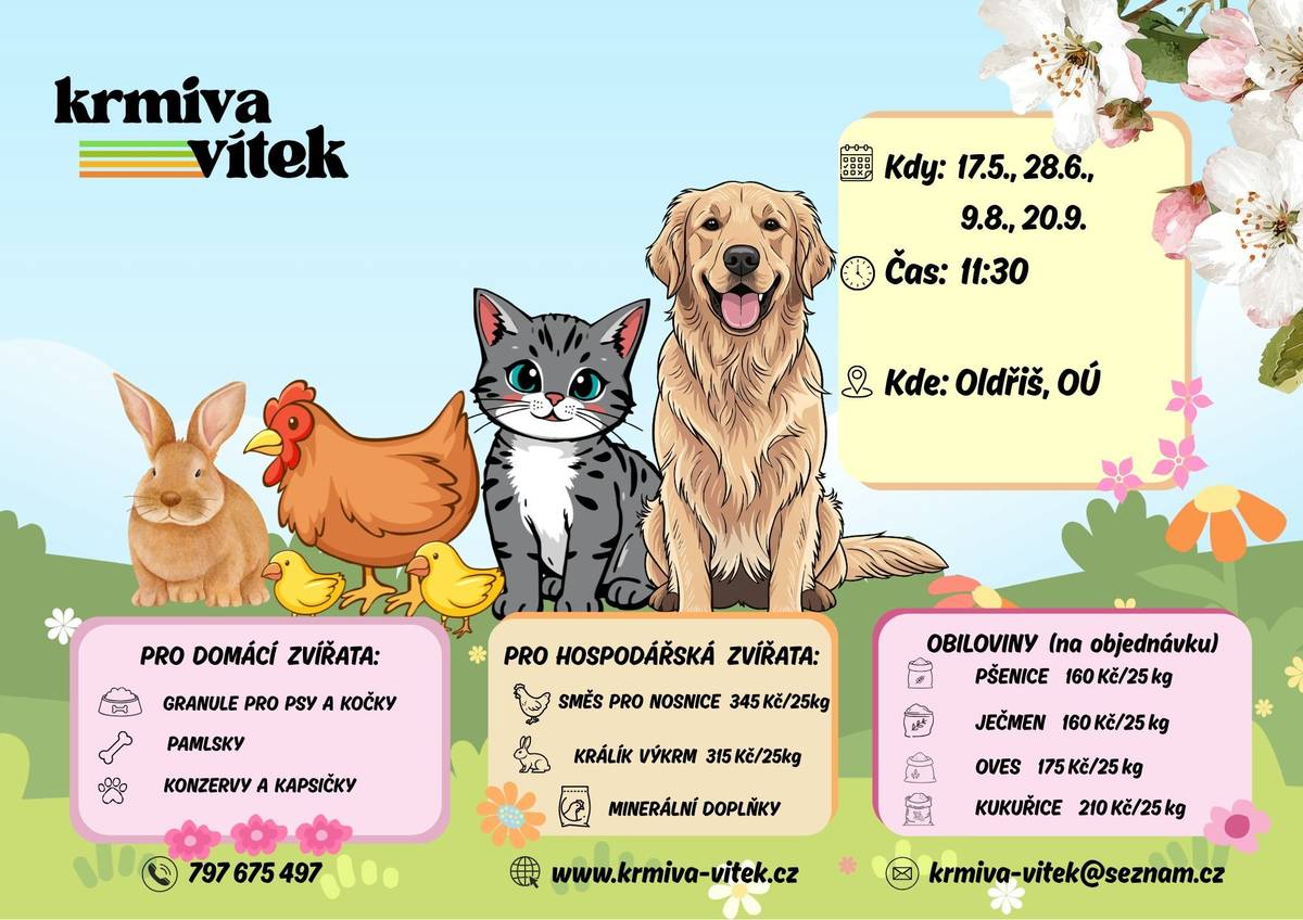 Firma Vítek bude prodávat krmiva pro domácí a hospodářská zvířata. Nyní v akci: Králík výkrm 315Kč/25kg, nově v nabídce kvalitní krmná směs pro nosnice značky Bocus 345Kč/25kg a kapsičky pro kočky od 4,50 Kč/ks. Dále proběhne výkup králičích kůží za 15Kč/ks. Prodej proběhne v neděli 17.5. v 11:30 před OÚ.