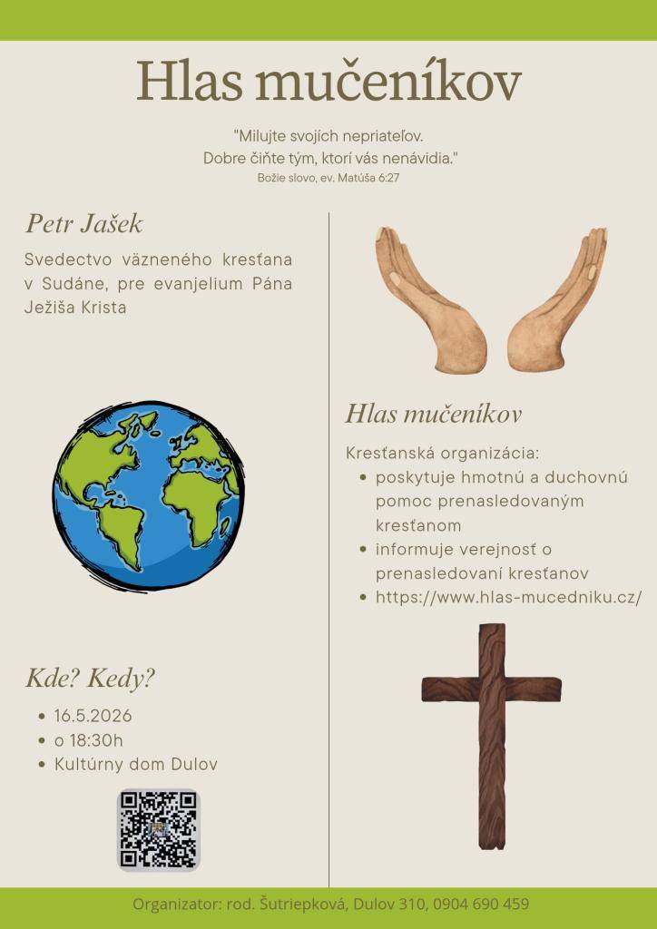 Rodina Šutriepková srdečne pozýva na prednášku misionára Petra Jaška v sobotu 16.5.2025 o 18.30 hod. v zasadačke OcÚ.