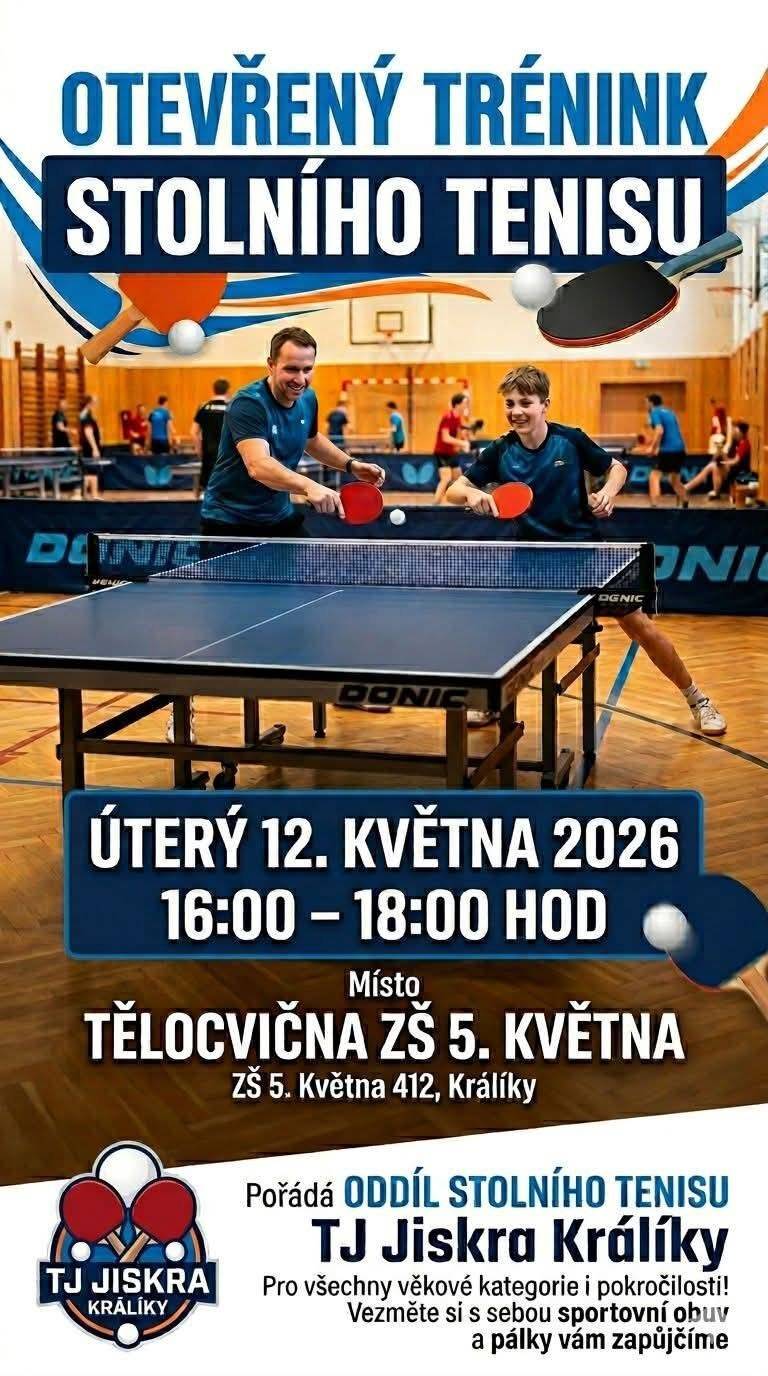Připravte se na nálož sportovních aktivit. "Rozhýbejme Králíky 2026" pokračují již dnes 12. května 2026 od 16 hodin otevřeným tréninkem stolního tenisu, zítra 13. května 2026 od 16 hodin následuje in-line bruslení a v pátek 15. května 2026 od 15:30 hodin v rámci slavnostního otevření sportovní haly můžete získat bodík na otevřeném tréninku floorbalu. Sledujte aktualizace harmonogramu, do kterého nám může zasahovat počasí.