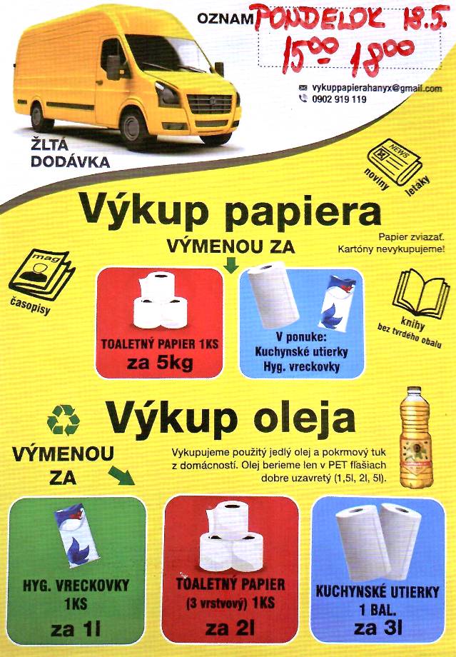 A Hanyx cég értesíti a lakosokat, hogy 2026.5.18-án, hétfőn, 15órától 18 óráig  papír, valamint használt étolaj mobil gyűjtése, -felvásárlása lesz községünkben. A papírt és a használt étolajat jól zárható PET flakonokban helyezzék a kapuk elé.  Firma Hanyx oznamuje občanom, že sa v našej obci uskutoční mobilný výkup papiera a použitého jedlého oleja 18.5.2026, pondelok, v čase od 15:00hod. do 18:00hod. Balíky papiera a použitý jedlý olej dobre uzavretý v PET fľašiach pripravte pred svoje brány.