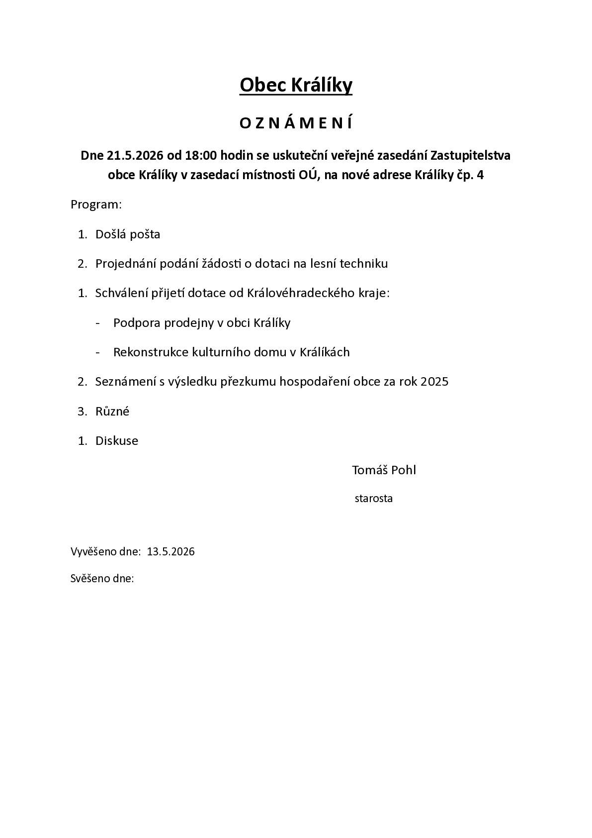 Pozvánka na schůzi OZ 21.5.2026