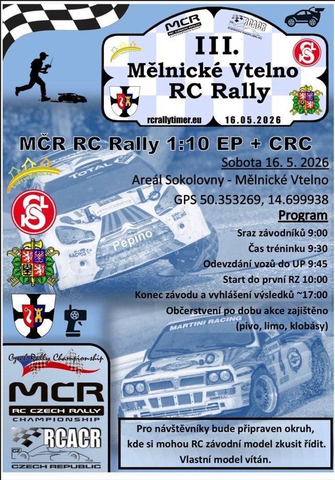 MČR RC Rally se uskuteční v sobotu 16.5.2026 od 9.00 hod v areálu sokolovny v Mělnickém Vtelně.