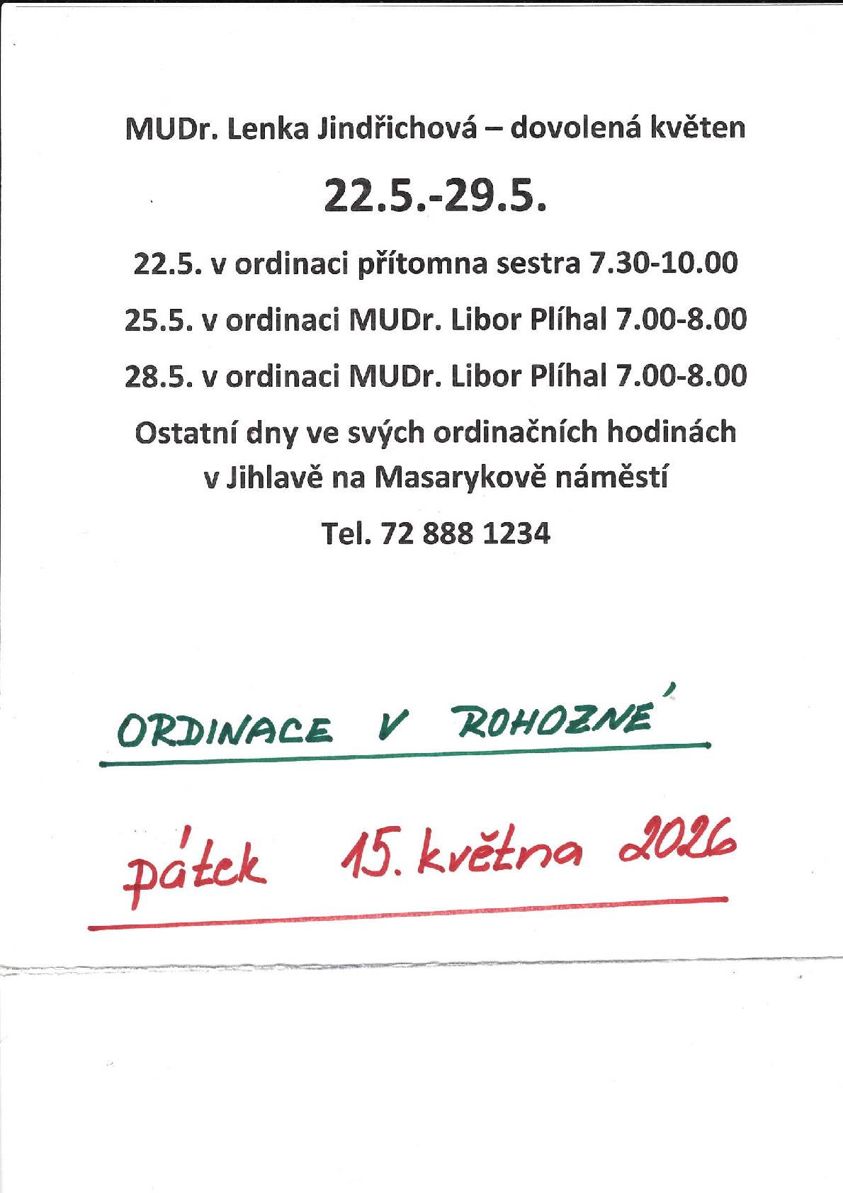 MUDr. Lenka Jindřichová - dovolená květen 2026