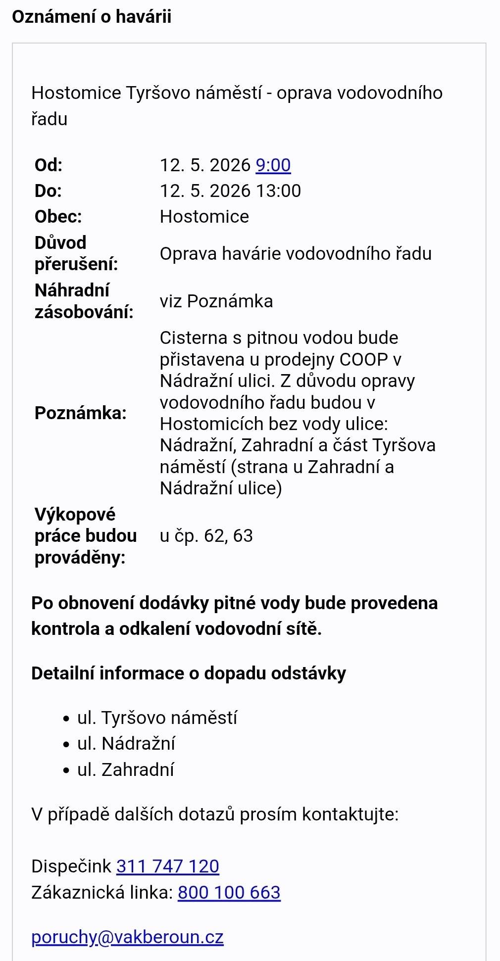 Oznámení o přerušení dodávky Hostomice (12. 5. 2026 - 12. 5. 2026) viz obrázek.