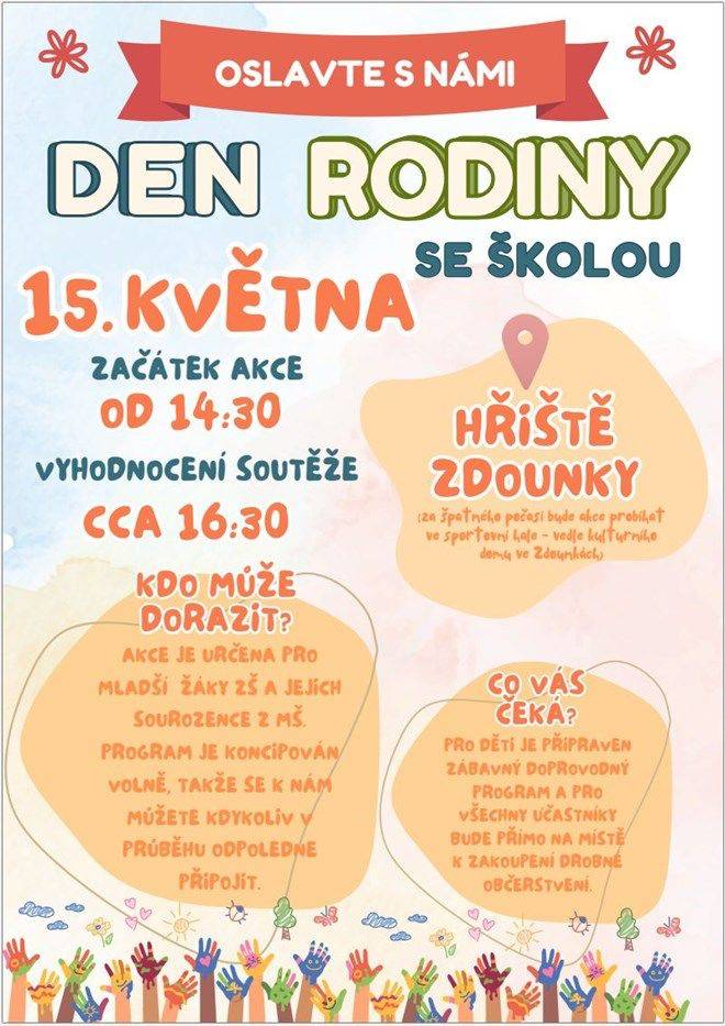 Den rodiny se školou - pátek 15.05.2026 - hřiště Zdounky - začátek akce od 14.30 hod. - vyhodnocení soutěže cca 16.30 hod.