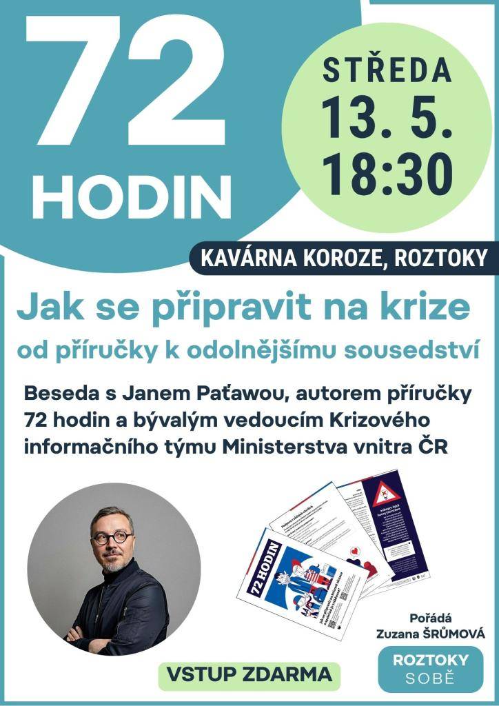 Beseda s Janem Paťawou (autor příručky 72 hodin; KRIT Institut pro krizovou komunikaci)  13. května 2026 od 18.30 v Kavárně Koroze