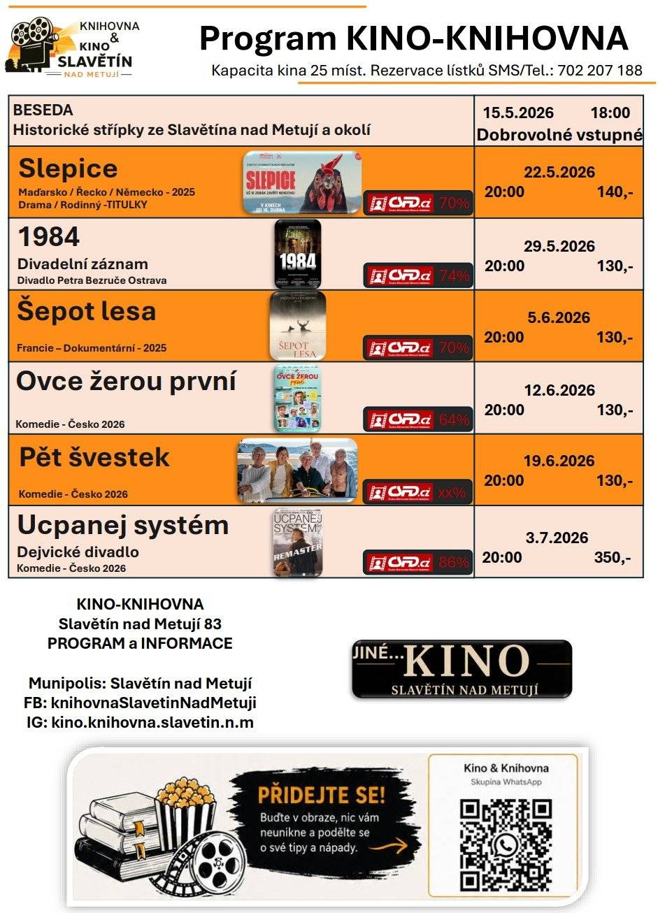 Program Kina: 22.5.-Slepice 29.5.-1985-divadlo 5.6.-Šepot lesa 12.6-Ovce žerou první 19.6-Pět švestek 3.7.-Ucpanej systém Těšíme se na Vás!