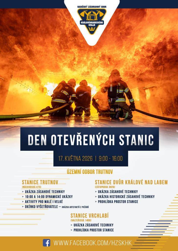 Hasičský záchranný sbor Vás zve k prohlídce prostor hasičských stanic. V neděli 17. května od 9 do 16 hodin proběhnou ukázky zásahové techniky, aktivity pro malé i velké, ukázky z vyšetřování požárů a další. V Trutnově, stanice Náchodská 476. Podrobné info na přiloženém letáku.