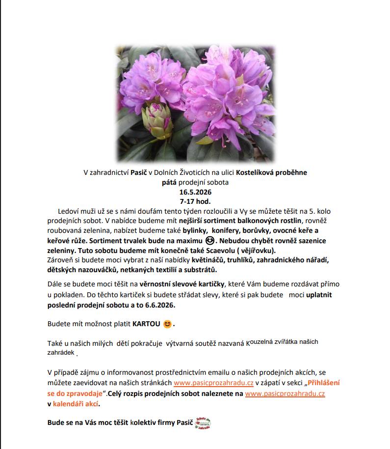 V zahradnictví PASIČ v Dolních Životicích na ulici Kostelíková proběhne pátá prodejní sobota.  16.05.2026 7 - 17. hod.