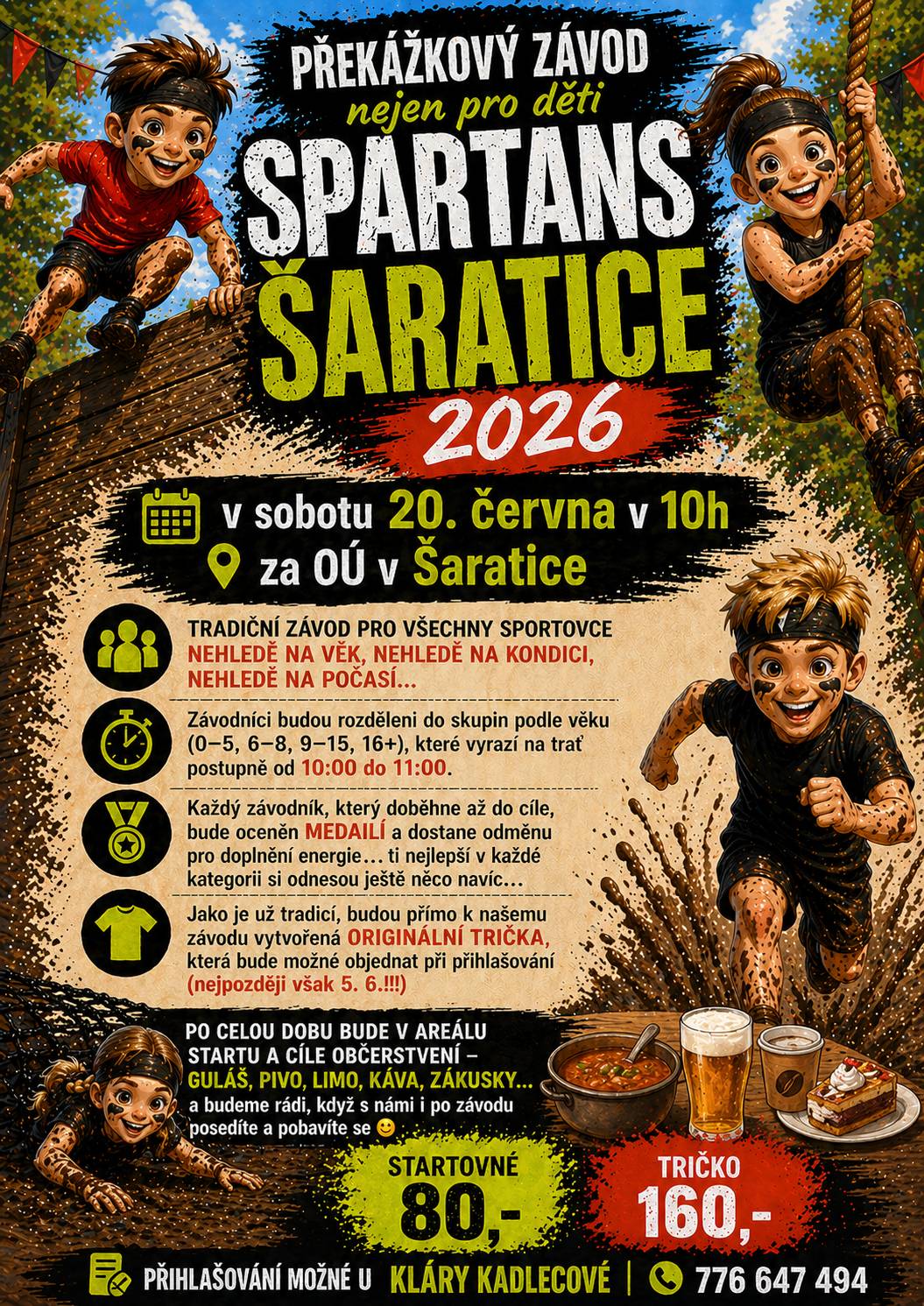 V sobotu 20. června 2026 se od 10:00 hodin za Obecním úřadem Šaratice uskuteční tradiční závod pro všechny sportovce SPARTANS ŠARATICE 2026. Závodníci budou rozděleni do skupin podle věku, které vyrazí na trať postupně od 10:00 do 11:00 hodin. Každý závodník, který doběhne do cíle bude oceněn medailí a dostane odměnu. Startovné 80 Kč, originální tričko 160 Kč (možné objednat nejpozději 5. 6. 2026). Přihlašování je možné u Kláry Kadlecové, tel. kontakt: 776 647 494. Bližší informace naleznete na facebookové skupině Překážkový závod Spartans Šaratice nejen pro děti.