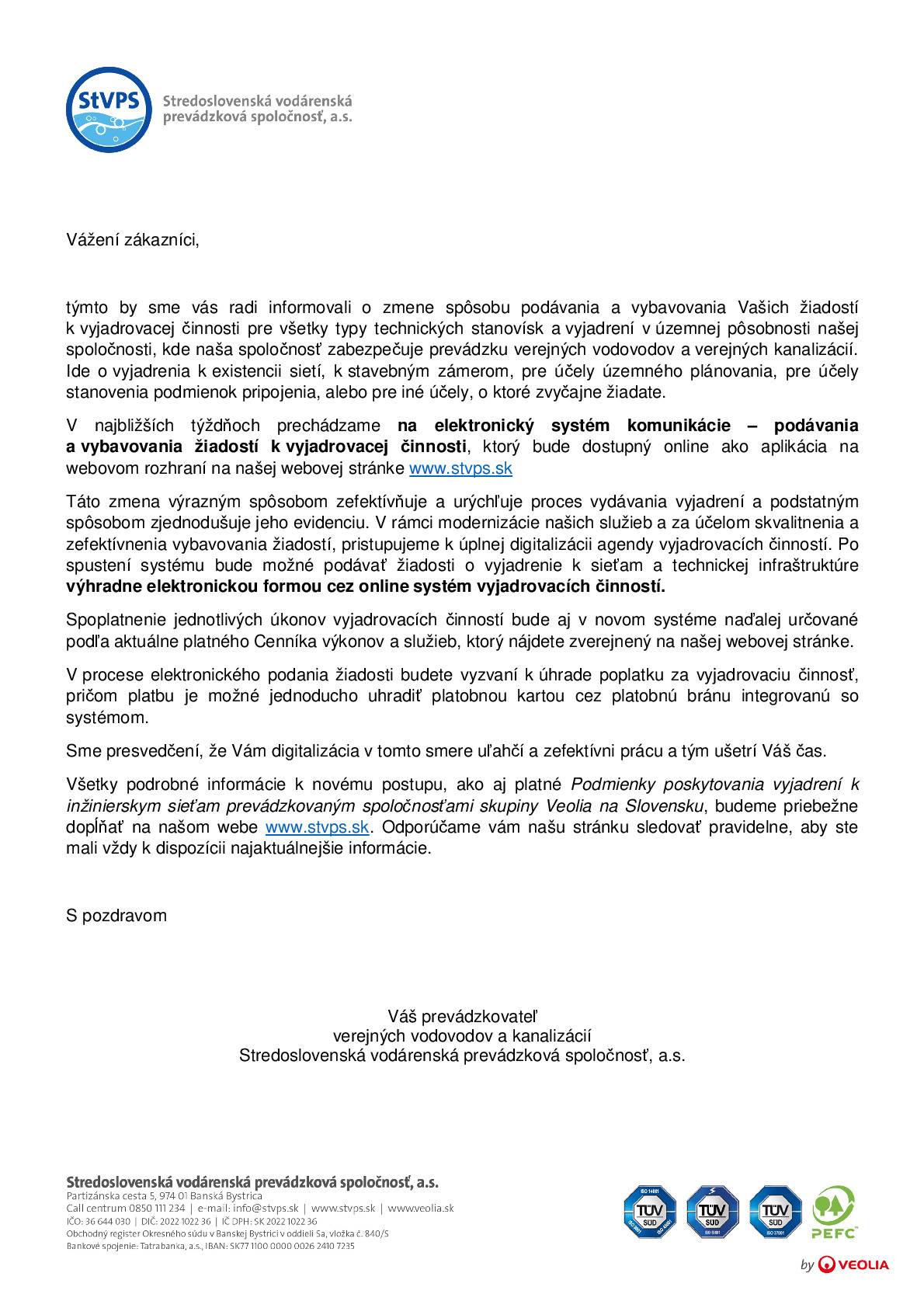Stredoslovenská vodárenská prevádzková spoločnosť informuje:
