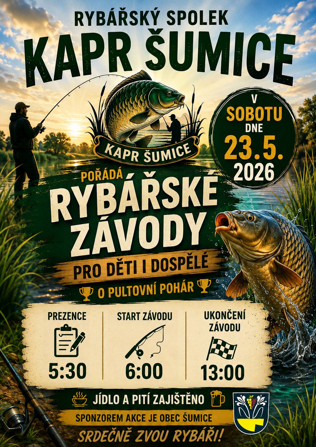 Rybářský spolek Kapr Šumice srdečně zve všechny malé i velké rybáře na tradiční rybářské závody o putovní pohár! 🏆 📅 Sobota 23. 5. 2026 📍 závody pro děti i dospělé ⏰ 5:30 – prezence ⏰ 6:00 – start závodu ⏰ 13:00 – ukončení závodu 🍺🍴 Jídlo a pití zajištěno 🎣 Přijďte si užít skvělý den plný rybaření, pohody a soutěžní atmosféry! 🤝 Sponzorem akce je obec Šumice. Těší se na vás rybáři z Kapr Šumice! 🐠