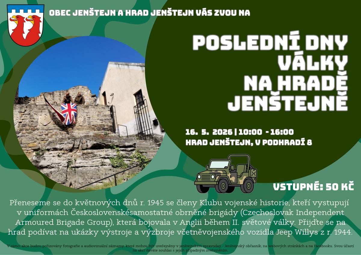 Zveme Vás na skvělý sobotní program pro celou rodinu! Přijďte se s námi vrátit do května 1945 a zažít atmosféru konce druhé světové války na vlastní oči. Čekají vás ukázky vojenské techniky, výzbroje i dobových uniforem – včetně legendárního Jeepu Willys. 📅 16. 5. 2026 | 10:00–16:00 📍 Hrad Jenštejn (ulice V Podhradí 8) 🎟 Vstupné: 50 Kč Těšíme se na vás! @Hrad Jenštej