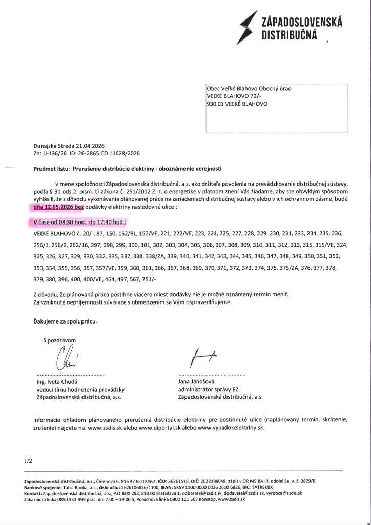 Prerušenie distribúcie elektriny - 12.05.2026 (zajtra)    od 08:30 do 17:30hod.