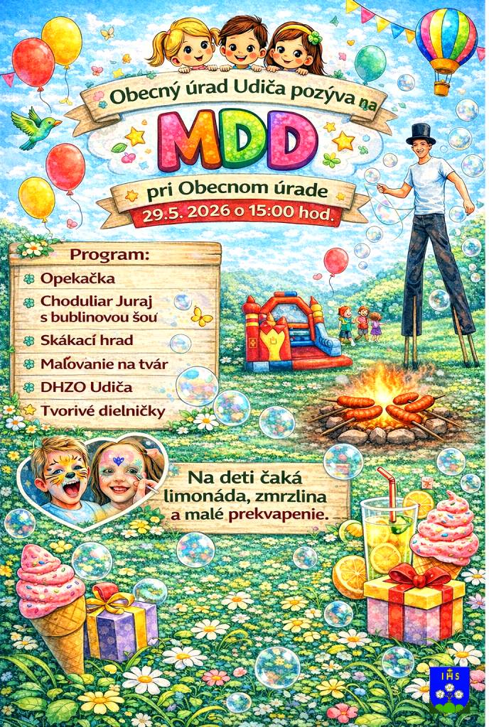 Obec Udiča vás pozýva na oslavu MDD, ktorá sa uskutoční v piatok 29.5.2026 o 15:00 h pri Obecnom dome v Udiči, tešiť sa môžete na pestrý program. Príďte si užiť príjemné popoludnie plné zábavy a aktivít pre deti.