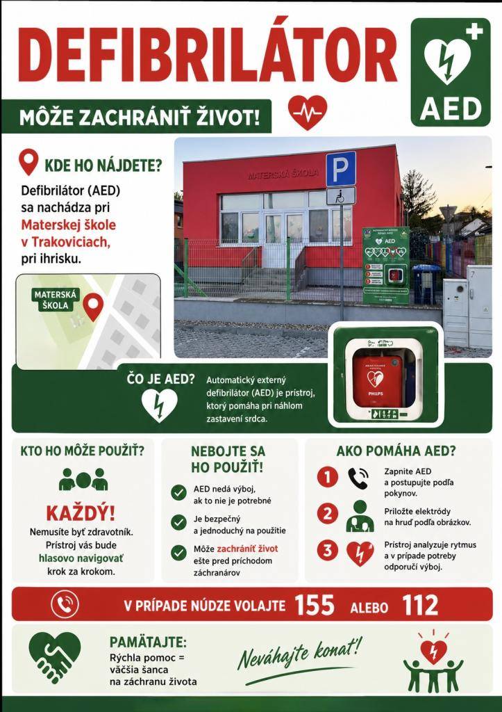 Obec Trakovice umiestnila verejný automatický externý defibrilátor na oplotenie pri materskej škole, tak aby bol v prípade potreby prístupný širokej verejnosti bez obmedzenia. Ak u človeka dôjde k náhlemu zastaveniu srdca, život mu môže pomôcť zachrániť práve defibrilátor.