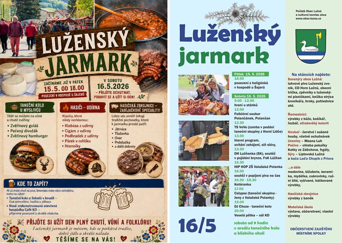 Již tuto sobotu 16.května se uskuteční Luženský jarmark. Srdečně zvou pořadatelé.