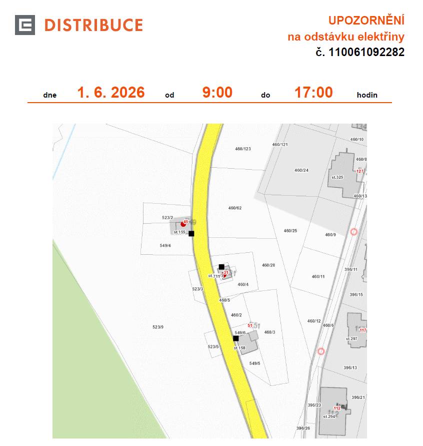Plánovaná odstávka dne 1. 6. 2026 od 9:00 do 17:00 hodin zahrnuje tyto lokality: část obce Loučná č. ev. 31, 49
