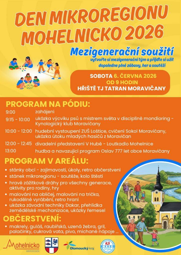Mikroregion MOHELNICKO srdečně zve všechny občany na DEN MIKROREGIONU MOHELNICKO 2026 do Moravičan.     V sobotu 6. ČERVNA OD 9:00 na fotbalovém hřišti TJ Tatran v Moravičanech.