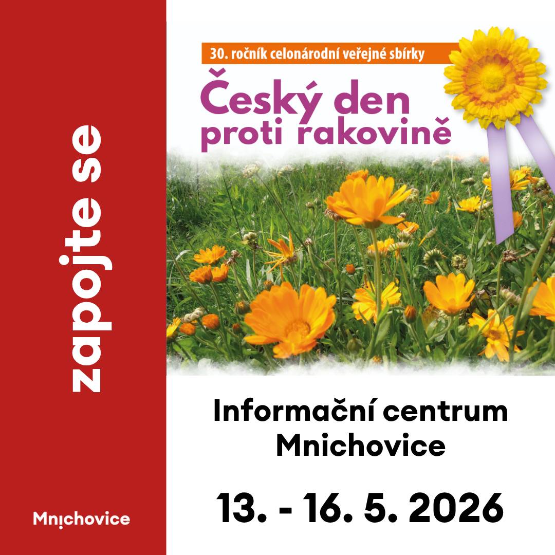 Od 13. do 16. 5. 2026 bude možné zakoupit tradiční kytičky Ligy proti rakovině v Informačním centru Mnichovice. Letošní světle fialová stužka upozorňuje na téma: nádory hlavy a krku a jejich prevence. Minimální příspěvek za jednu kytičku je 20 Kč. Děkujeme všem, kteří se do sbírky zapojí a podpoří dobrou věc.