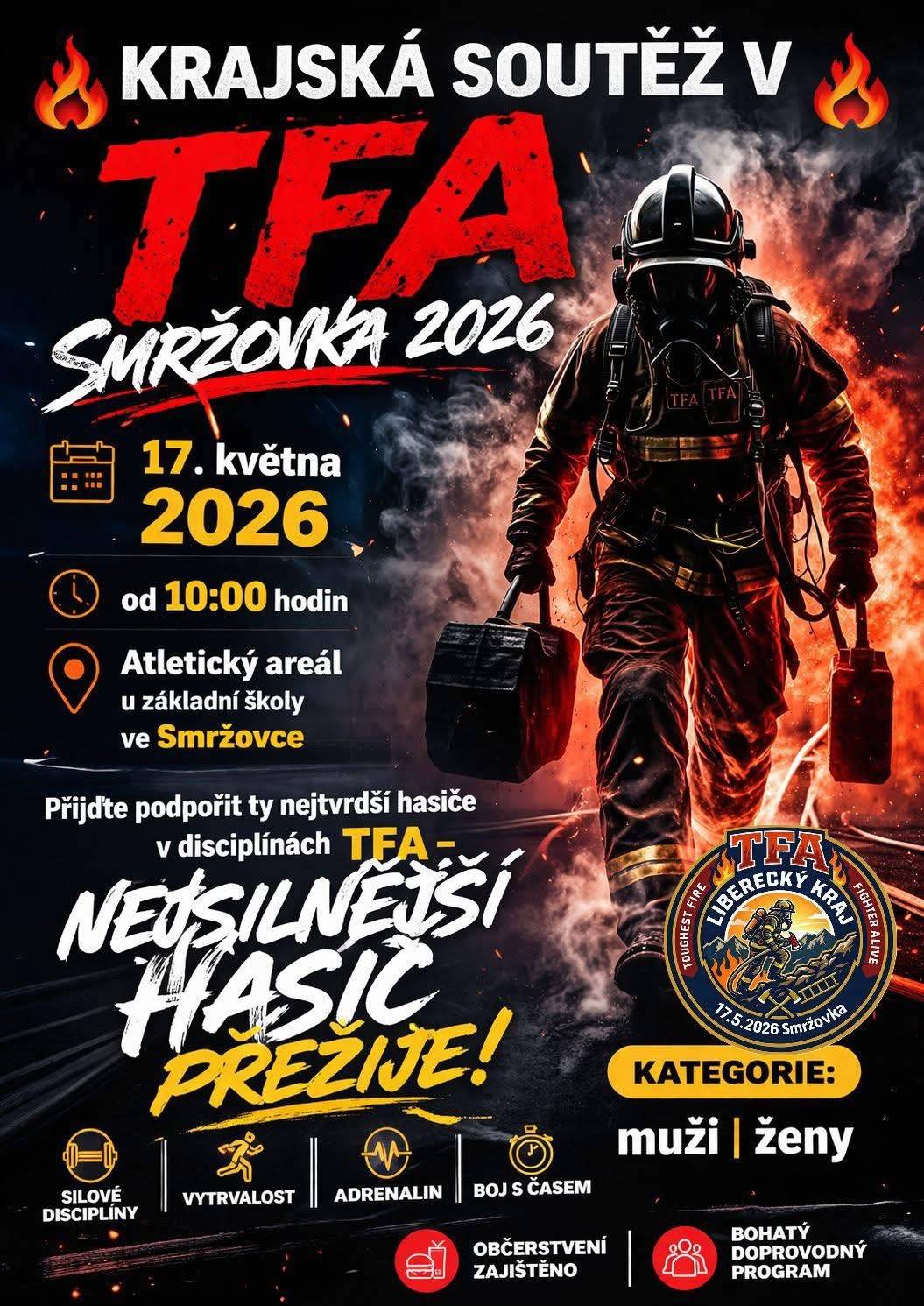 Sbor dobrovolných hasičů Smržovka pořádá krajskou soutěž dospělých v TFA v neděli 17. 5. od 10 hodin v atletickém areálu u základní školy. Bohatý doprovodný program. Občerstvení zajištěno.