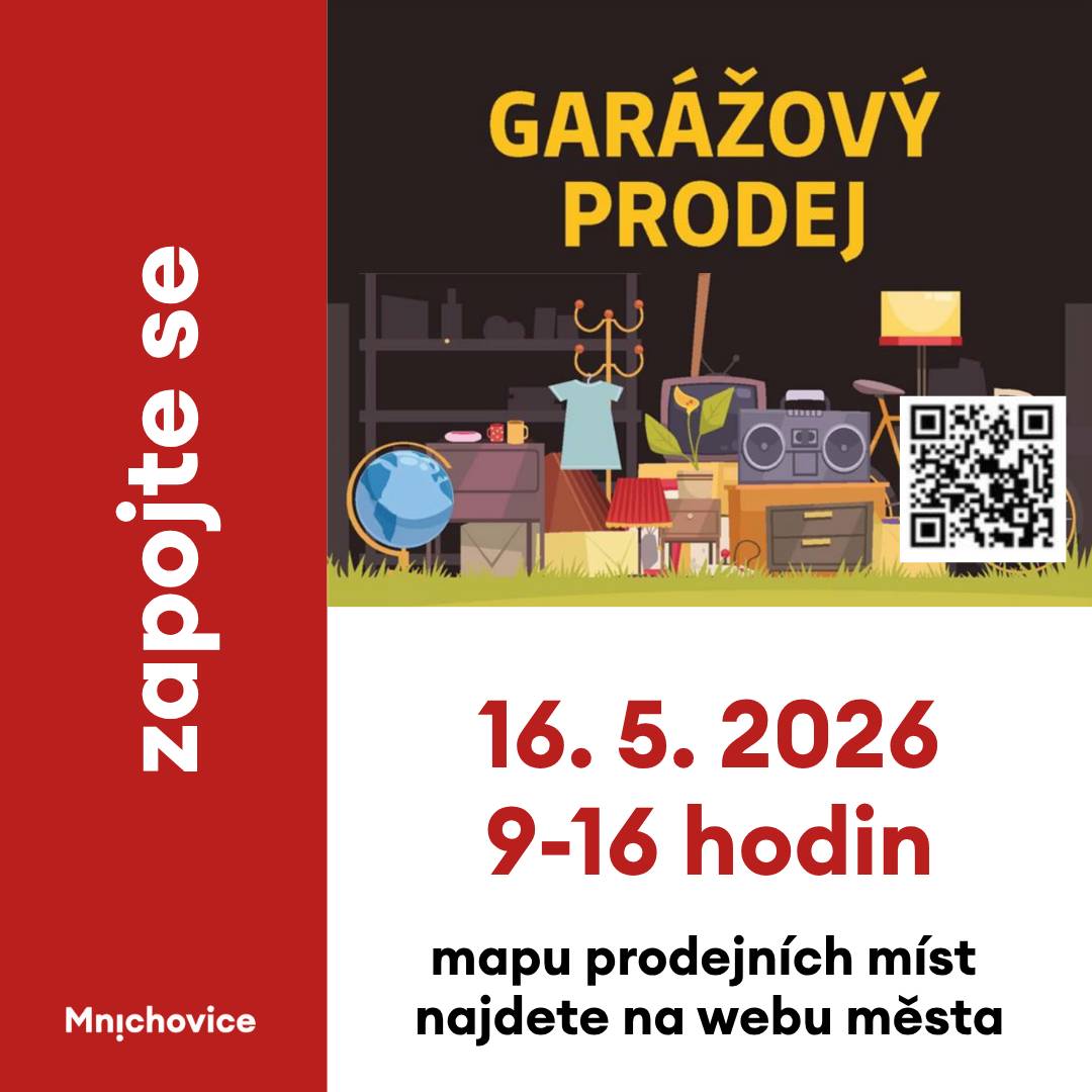 V sobotu 16. 5. pro vás město opět připraví oblíbený garážový prodej. Skvělá zpráva je, že už máme nahlášeno 19 garáží! Chtěli byste se k nim přidat a také nabídnout věci, které už nepotřebujete? Stačí vše nachystat ve své garáži, u branky nebo na příjezdové cestě. Nejdůležitějším krokem je registrace (přes odkaz na webu města nebo tento QR kód), aby se i vaše adresa objevila v mapě. Tu najdete na webu města, aby návštěvníci věděli, kam se vydat pro konkrétní úlovky. V mapě se u vašeho puntíku zobrazí i stručný seznam toho, co nabízíte (dětské oblečení, sekačka na trávu, nádobí apod.). Pojďme to číslo 19 ještě navýšit – těšíme se na vás!