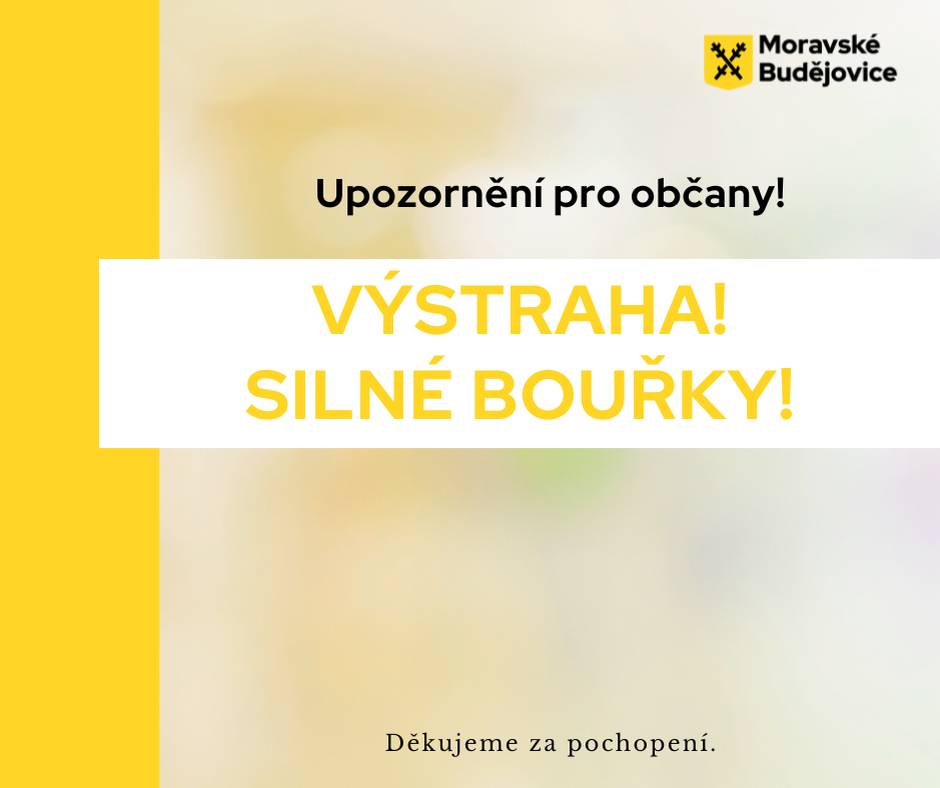 V pondělí a v noci na úterý bude postupovat přes naše území k východu strudená fronta. Ojediněle očekáváme silné bouřky s úhrnem kolem 30 mm. Lokálně se může vyskytnout přívalový déšť se zatopením podchodů, podjezdů, sklepů a níže položených míst a rozvodnění malých toků.  Možnost izolovaných škod větrem, zejména v důsledku lámání větví stromů. Je třeba brát v úvahu nebezpečí zásahu bleskem a úrazu padajícími předměty, hlavně větvemi. Při řízení vozidla v bouřce snížit rychlost jízdy a jet velmi opatrně. Vývoj a postup bouřek lze sledovat na výstupu z meteorologických radarů v mobilní aplikaci ČHMÚ nebo na webových stránkách www.chmi.cz.