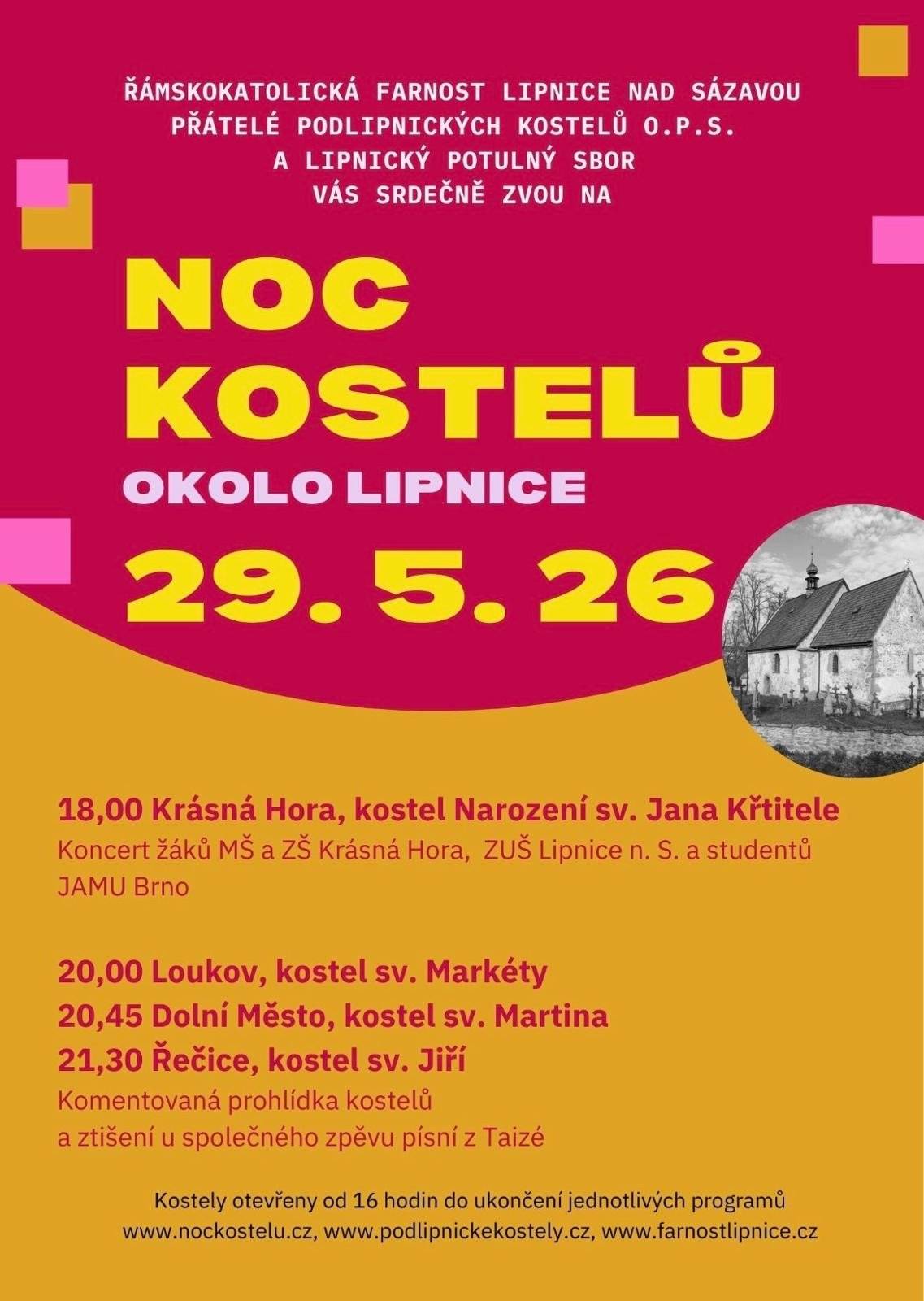 Pozvánka na komentované prohlídky podlipnických kostelů se zpěvy s Lipnickým potulným sborem.