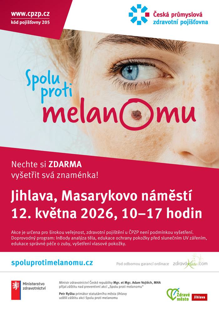 Upozorňujeme na možnost vyšetření kožních znamének zdarma. V úterý 12.5.2026 od 10.00 do 17.00 hodin na Masarykově náměstí v Jihlavě.
