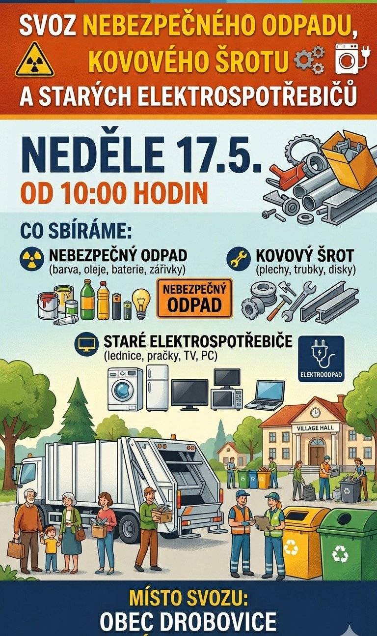 Tuto neděli v dopoledních hodinách proběhne svoz nebezpečného odpadu, kovového šrotu a starých elektrospotřebičů
