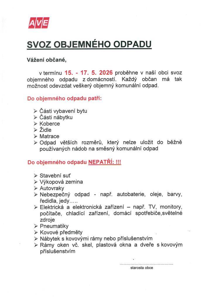 Svoz objemného odpadu 15. - 17. května 2026