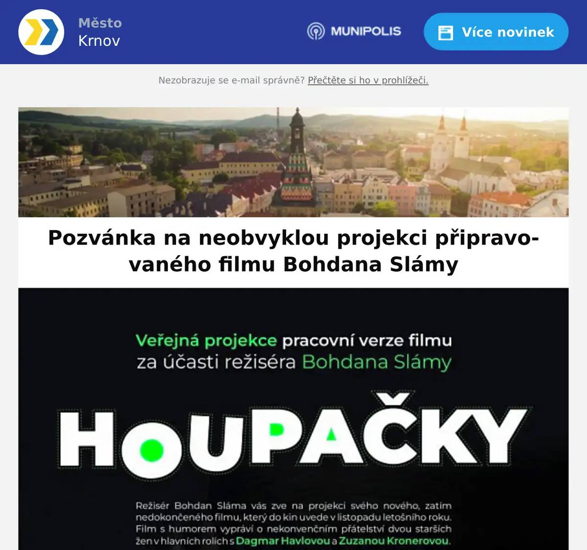 Srdečně Vás zveme na jedinečnou projekci připravovaného filmu režiséra Bohdana Slámy Houpačky, která se uskuteční ve středu 13. května 2026 ve 20:00 v krnovském kině Mír 70. Krnovské publikum bude mít jako jedno z prvních možnost film zhlédnout ještě před jeho dokončením a svými reakcemi a zpětnou vazbou ovlivnit jeho finální podobu. Oficiální premiéra filmu v českých kinech je plánována na listopad 2026. 🎥 Režisér Bohdan Sláma film osobně uvede a po projekci proběhne také beseda s diváky. Jedná se o výjimečnou kulturní událost, na kterou Vás srdečně zveme. ✅ Vstup je zdarma✅ Projekce je přístupná široké veřejnosti Těšíme se na Vaši účast.