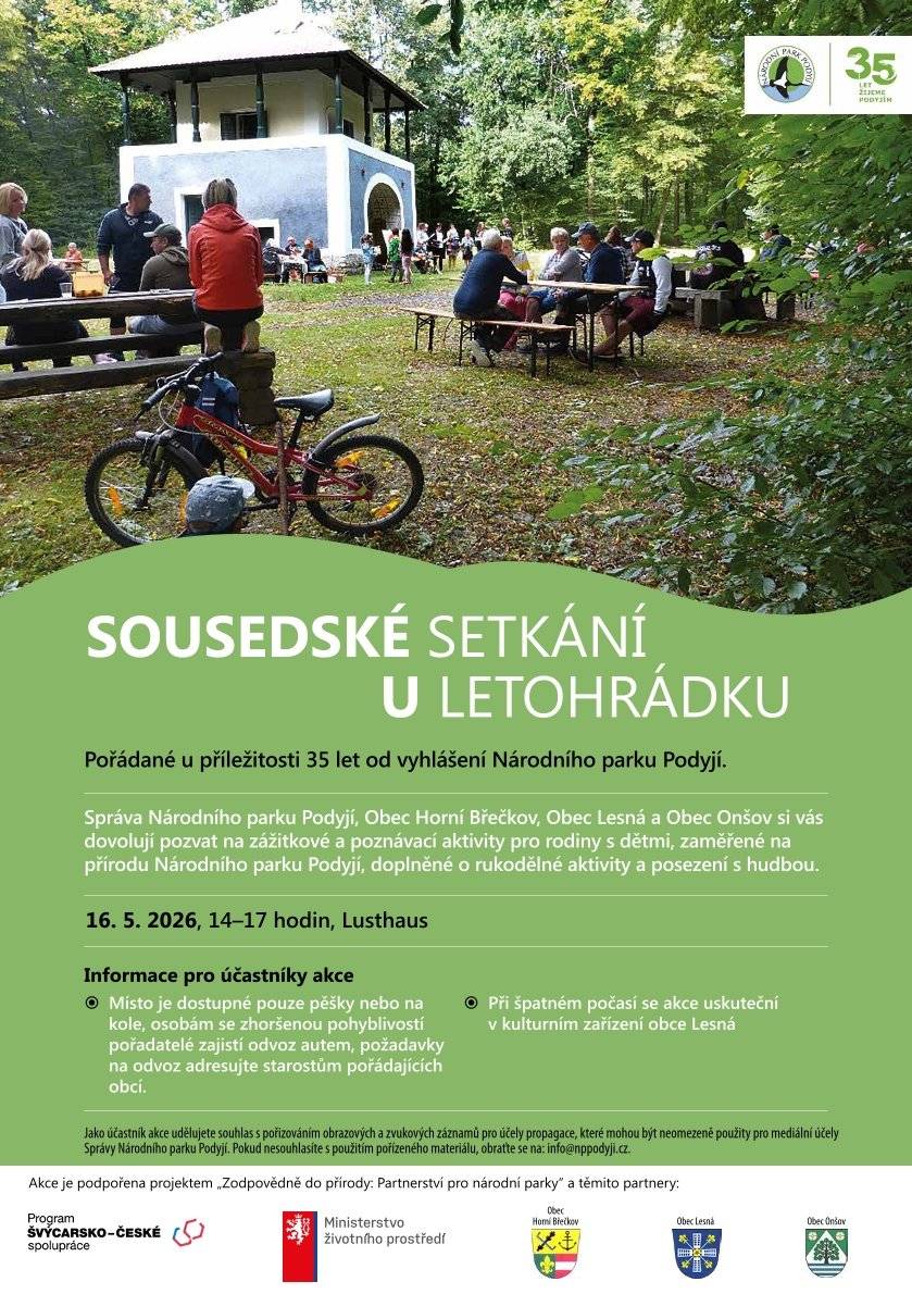 Zveme všechny na setkání u lusthausu, které se uskuteční v sobotu 16.5.2026 od 14 do 17 u loveckého letohrádku. Pro méně pohyblivé a starší zajistíme dopravu k letohrádku (prosíme o nahlášení požadavků na OU). V případě špatného počasí se akce bude odehrávat se stejným programem v kulturním zařízení obce Lesná (budeme informovat o změně místa konání).