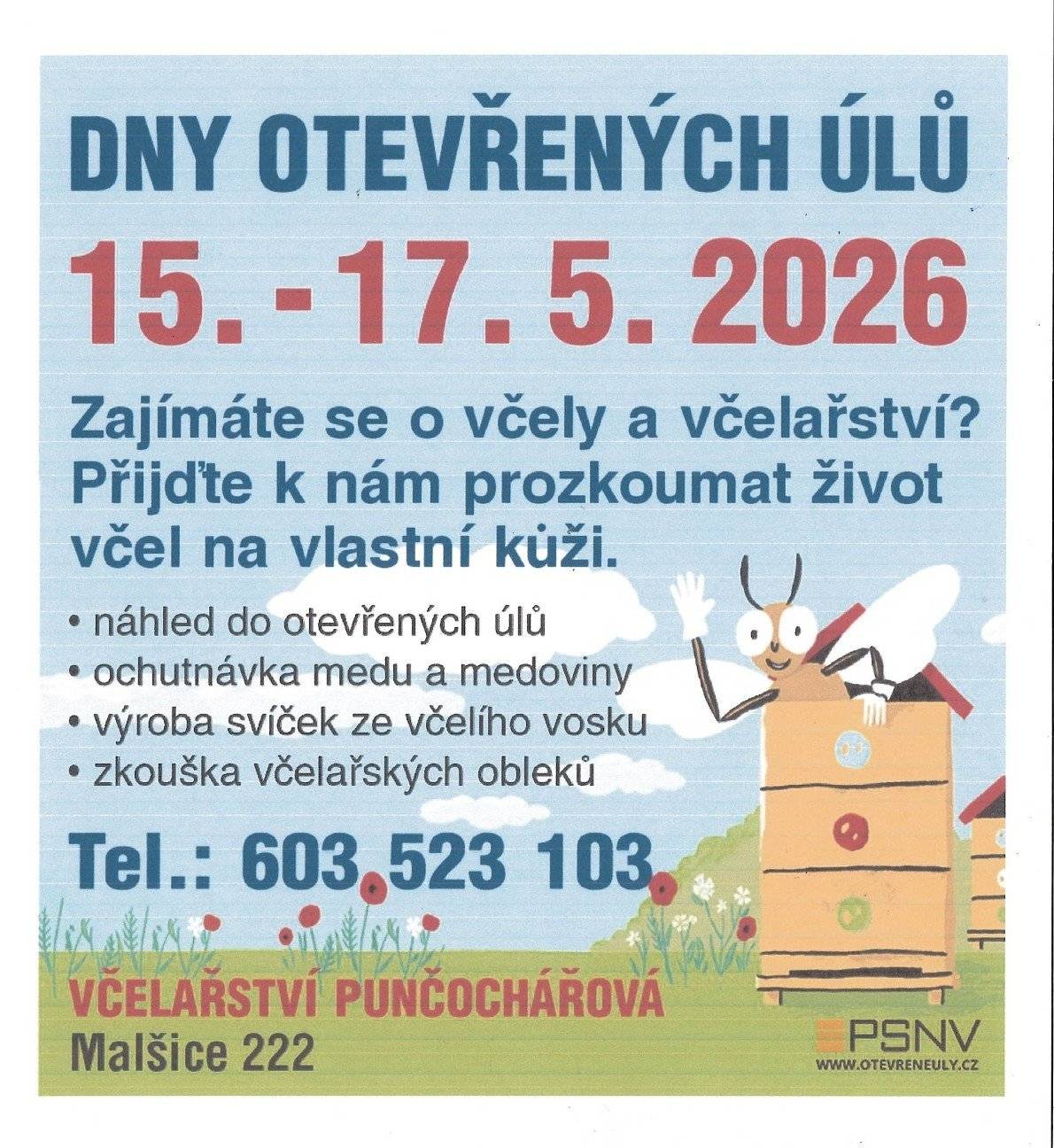 Včelařství Punčochářová Vás zve na DNY OTEVŘENÝCH ÚLŮ ve dnech 15 až 17. května 2026.