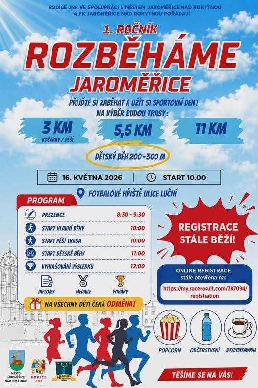 Ještě nejste přihlášeni na 1. ročník běžeckých závodů Rozběháme Jaroměřice?  V sobotu 16. května 2026 se v Jaroměřicích nad Rokytnou uskuteční sportovní akce pro všechny věkové kategorie. Přijďte si zaběhat, projít se nebo podpořit závodníky a užít si příjemné sportovní dopoledne. Registrace stále probíhá. Registrace online zde: https://my.raceresult.com/387094/registration Kategorie a tratě: • hlavní závody – 11 km a 5 km • nezávodní trasa 3 km – ideální pro maminky s kočárky, pěší i rekreační účastníky • dětské běžecké závody dle věkových skupin Startovné: • hlavní tratě – 200 Kč • studenti – 100 Kč • nezávodní trasa a děti – dobrovolné vstupné Harmonogram akce: • 8:30–9:30 prezentace běžců a výdej startovních čísel • 10:00 start hlavních závodů na 11 km a 5 km + start nezávodní 3km trasy • 11:00 start dětských běhů • 12:00 vyhlášení výsledků Akci pořádají Rodiče JnR ve spolupráci s městem Jaroměřice nad Rokytnou a FK Jaroměřice nad Rokytnou.     Těšíme se na vás!
