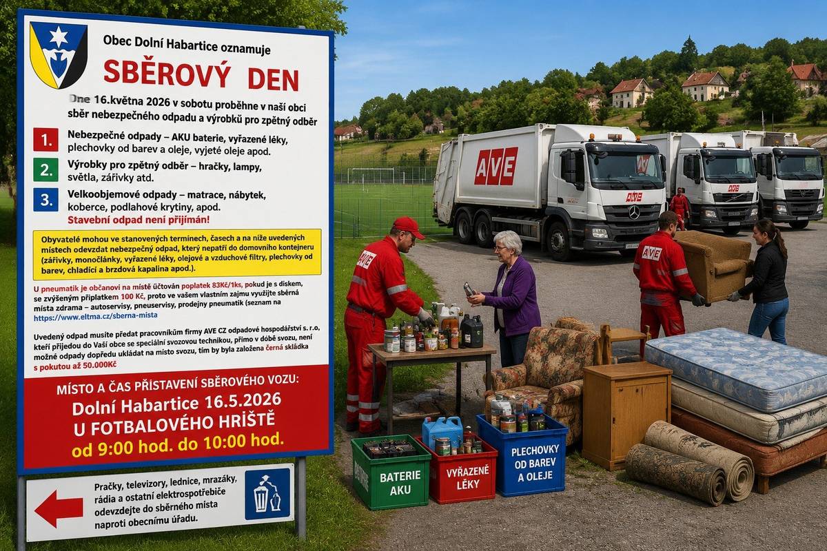 V sobotu 16.5. 2026 od 9:00-10:00hod. bude sběr nebezpečného a objemného odpadu. Obyvatelé mohou ve stanovených termínech, časech a na níže uvedených místech odevzdat nebezpečný odpad, který nepatří do domovního kontejneru (zářivky, olověné akumulátory, monočlánky, vyřazené léky, olejové a vzduchové filtry, plechovky od barev, chladící a brzdová kapalina apod.). U pneumatik je občanovi na místě účtován poplatek 83Kč/1ks, pokud je s diskem, se zvýšeným příplatkem 83+100 Kč, proto ve vašem vlastním zájmu využijte sběrná místa zdarma – autoservisy, pneuservisy, prodejny pneumatik (seznam na https://www.eltma.cz/sberna-mista). Uvedený odpad můžete předat pracovníkům firmy AVE CZ odpadové hospodářství   s. r.o., kteří přijedou do Vaší obce se speciální svozovou technikou, přímo v době svozu. Pračky, televizory, ledničky, mrazáky, rádia a ostatní el. spotřebiče odevzdávejte na sběrné místo naproti obecnímu úřadu. starosta
