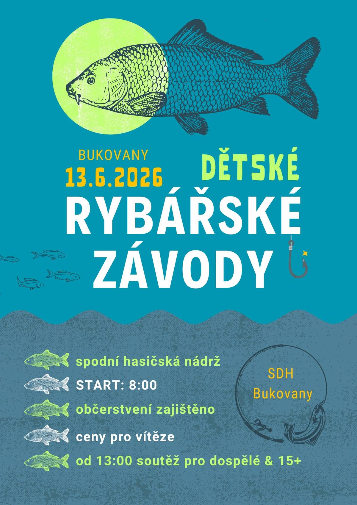 SDH Bukovany zve všechny malé rybáře i jejich rodiče na  dětské rybářské závody, které se uskuteční v sobotu 13. června 2026 u spodní hasičské nádrže. Startujeme v 8:00 hodin. Těšit se můžete na občerstvení, ceny pro vítěze a příjemně strávené dopoledne u vody. Od 13:00 hodin navazuje také soutěž pro dospělé a mládež 15+. Přijďte si užít den plný rybaření, pohody a soutěžní atmosféry – těšíme se na vás! 🎣