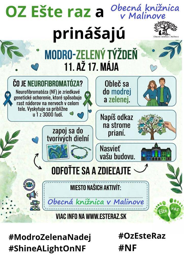 Týždeň od 11. do 17. mája patrí po celom svete osvete o zriedkavom genetickom ochorení – neurofibromatóze (NF1).     Obec Malinovo sa s láskou pripája k tejto iniciatíve, pretože táto téma nám nie je cudzia. Priamo v našej obci žije 5-ročný chlapček, ktorý s touto diagnózou statočne bojuje každý deň