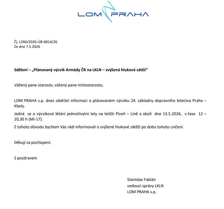Výcvikové létání jednotlivými lety na letišti Plzeň – Líně a okolí se bude konat 13. května v čase 12:00 - 20:30.