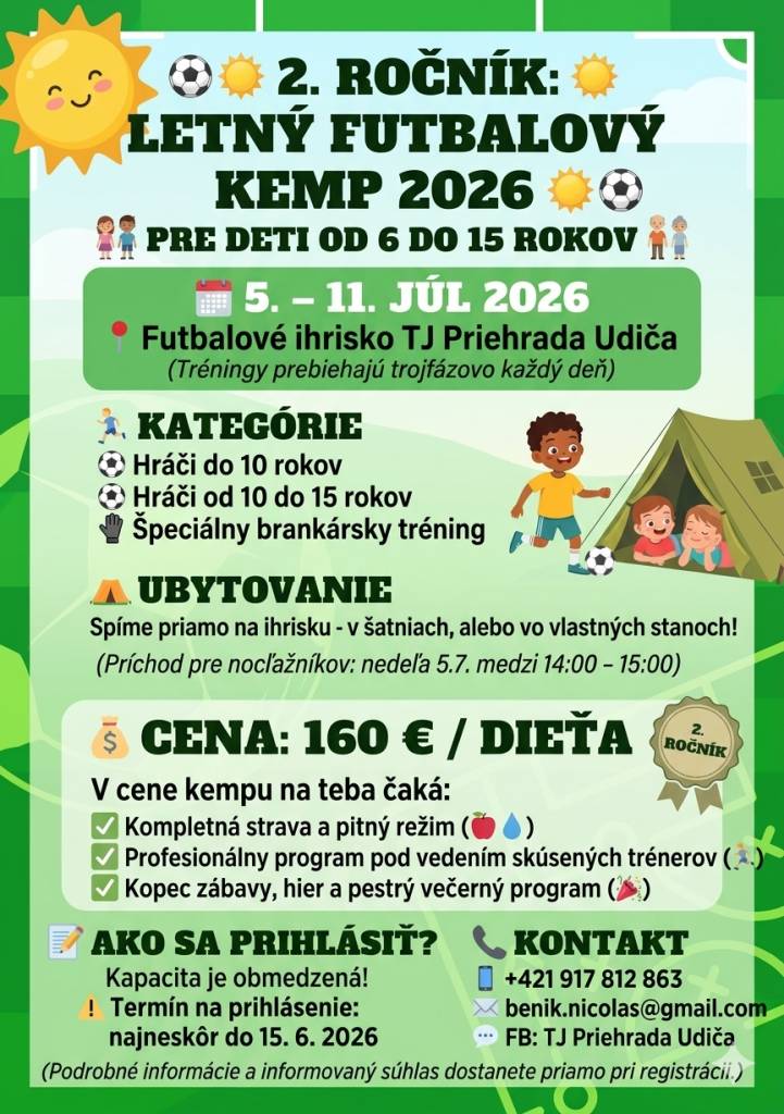 TJ Priehrada Udiča organizuje 2. ročník letného futbalového kempu pre deti a mládež vo veku 6 až 15 rokov, ktorý sa uskutoční v termíne od 5.7. do 11.7.2026. Účastníci sa môžu tešiť na profesionálny tréningový program a kopec zábavy.