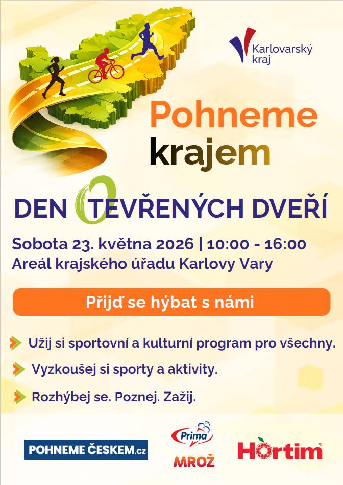 Krajský úřad Karlovarského kraje zve širokou veřejnost na jedinečnou akci Den otevřených dveří s podtitulem „Pohneme krajem“, která se uskuteční v sobotu 23. května 2026 od 10 do 16 hodin v areálu krajských institucí.