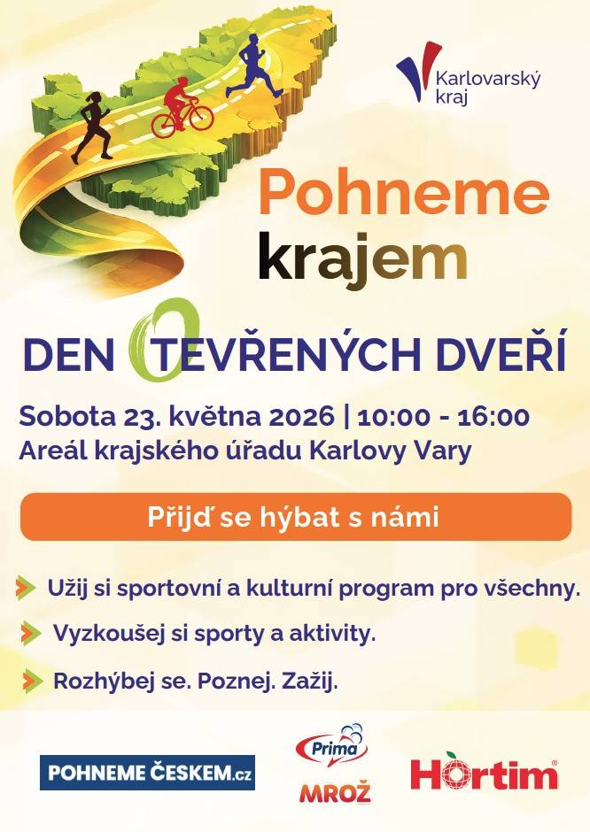 Přijďte se hýbat a užít si Den otevřených dveří, který se koná v sobotu 23. května 2026 od 10:00 do 16:00 v areálu krajského úřadu Karlovy Vary. Akce nabízí sportovní a kulturní program pro všechny, včetně možností vyzkoušet si různé sporty a aktivity.
