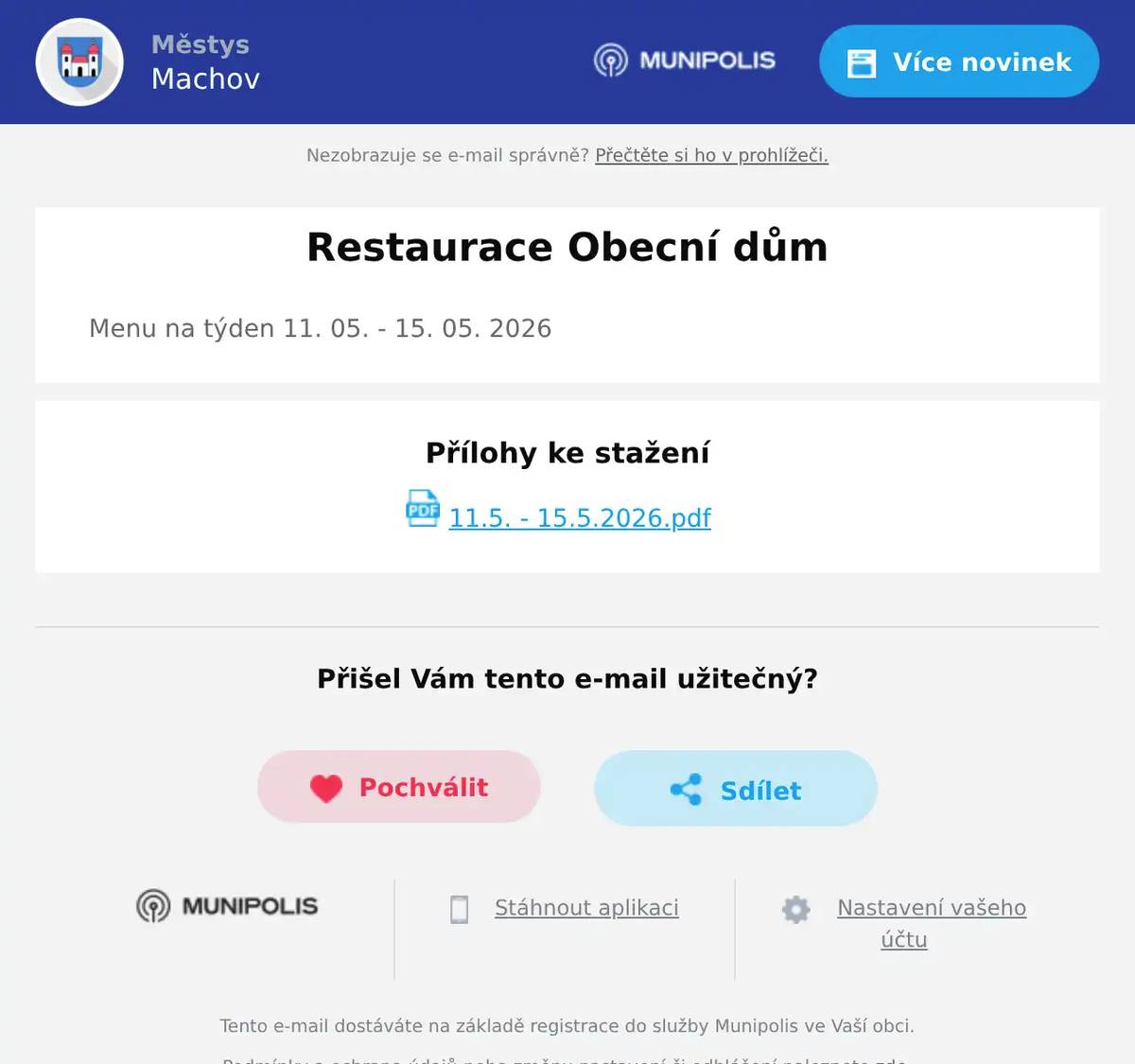 Menu na týden 11. 05. - 15. 05. 2026