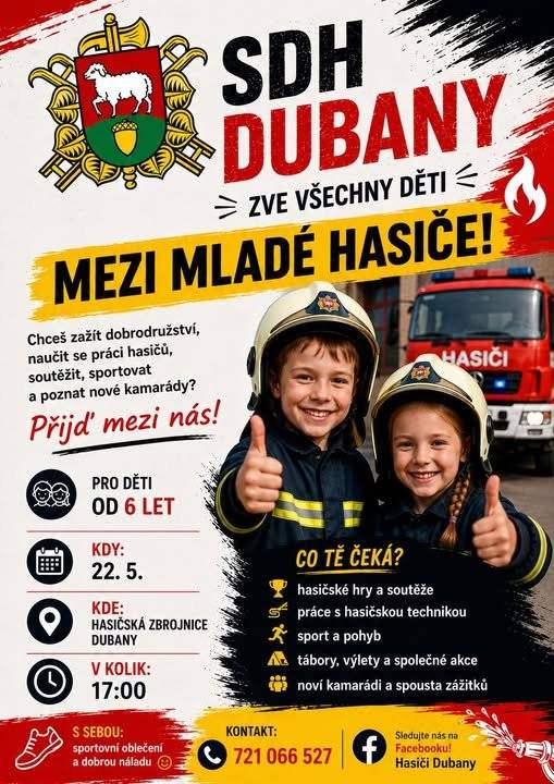 Chceš zažít opravdové dobrodružství, naučit se pracovat s hasičskou technikou a najít si partu skvělých kamarádů? Sbor dobrovolných hasičů Dubany zve všechny akční děti mezi nás! Na co se můžeš těšit? Hasičské hry a napínavé soutěže. Práci s opravdovou hasičskou technikou. Sport, pohyb a společné výlety či tábory. Spoustu nových zážitků a kamarádů. Kdy a kde se potkáme?  📅 Kdy: 22. května v 17:00 hod.  📍 Kde: Hasičská zbrojnice Dubany.  👫 Pro koho: Pro děti od 6 let. Co si vzít s sebou? Vezmi si sportovní oblečení a hlavně dobrou náladu! 😊 Máš dotazy? Zavolej nám na číslo 721 066 527 nebo nás sleduj na Facebooku Hasiči Dubany. Moc se na vás těší vedoucí dětí Káťa a Fanda Vrbovi! 🐾 #sdhdubany #mladihasici #dubany #nabor #hasici #prodeti