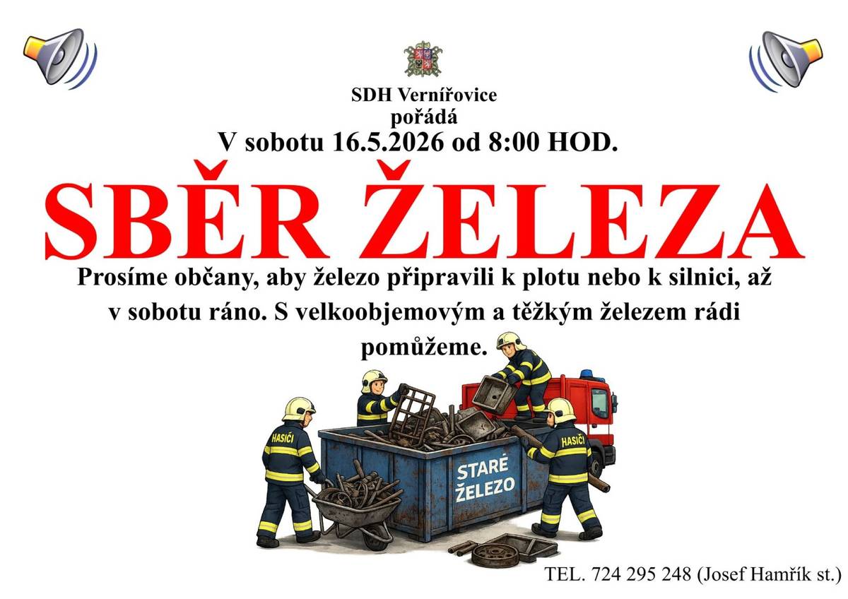 SDH Vernířovice pořádá v sobotu 16.5.2025 od 8:00 hod. SBĚR ŽELEZA.