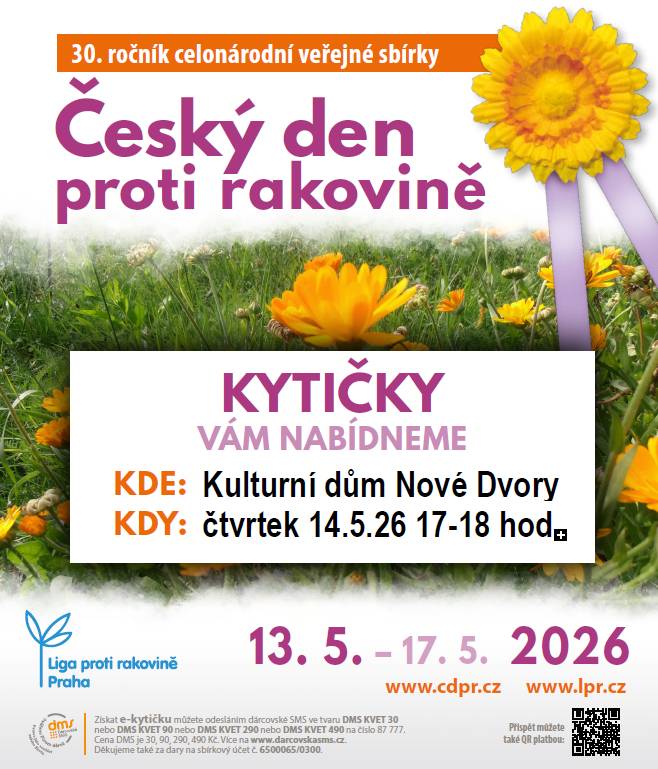 1. Ve čtvrtek 14.5.2026 od 17:00 do 18:00 hod. se v před kulturním domem uskuteční prodej kytiček na podporu Českého dne proti rakovině. 2. Z důvodů komplikací při překopu místní komunikace "Do Kříže" bude tato cesta uzavřena ještě zítra tj. ve středu 13.5.2026. Děkujeme za pochopení.