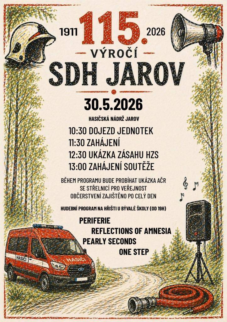 SDH Jarov srdečně zve všechny občany a přátele hasičů na oslavu 115. výročí založení sboru.