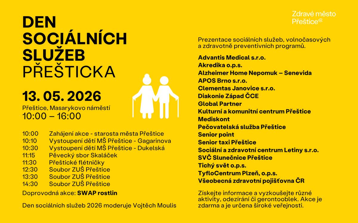 Prezentace sociálních služeb, volnočasových a zdravotně preventivních programů. Získejte informace a vyzkoušejte různé aktivity, odezírání či gerontooblek. Ve středu 13. května se na přeštickém náměstí představí 17 vystavovatelů. Doprovodný program nabídne vystoupení obou mateřských škol, pěvecký sbor Skaláček, soubor Přeštické flétničky a ZUŠ Přeštice. Navíc se můžete zapojit do SWAPu rostlin.    Akce je určena široké veřejnosti od 10:00 do 16:00.