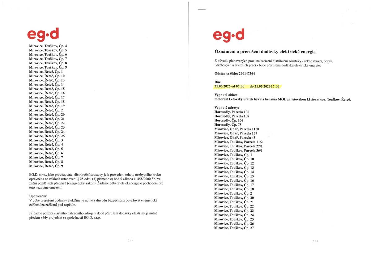 EG.D oznamuje přerušení dodávky elektrické energie dne 21.05.2026  a  22.5.2026 od 7:00-17:00 hod., vypnutá oblast Horosedly, Ohař, Touškov, Řeteč.